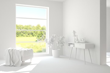 Mock up of stylish room in white color with armchair and green landscape in window. Scandinavian interior design. 3D illustration