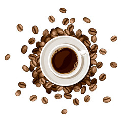 Cup of coffee and coffee beans. Top view. Vector illustration.