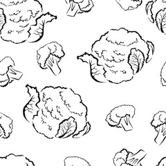 Cauliflower outline seamless black and white pattern. Vector monochrome illustration of vegetable in simple style.