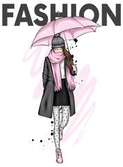 Beautiful girl in a stylish coat, boot, scarf and hat. Autumn clothes and umbrella. Autumn, spring and winter. Illustration for a postcard or poster, print on clothes. Accessories. Vector.