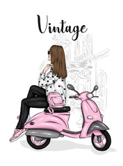 Beautiful girl in a stylish closes sits on a vintage moped. Vector illustration for postcard or poster, print for clothes. Fashion & Style.