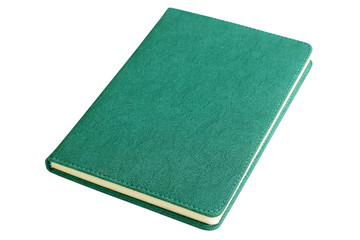 Blank dark green leather notebook isolated on white background.