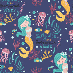 Obraz na płótnie Canvas Seamless pattern with cute mermaids, seaweed