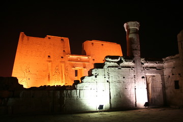 outside view at night at horus temple of edfu, egypt