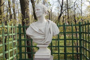 Statue of the Summer Garden "Roman emperor Trajan". Copy. Old Public park "Summer Garden" in St. Petersburg, Russia