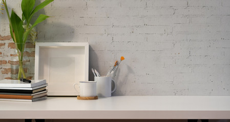 Modern workplace with mock up frame