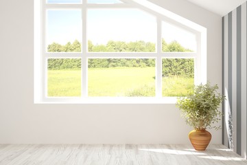 Stylish empty room in white color with summer landscape in window. Scandinavian interior design. 3D illustration