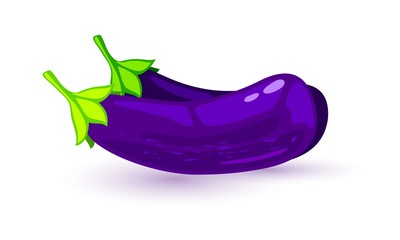 Two eggplants, aubergines or brinjals with green calyxes at the top. Purple vegetable using as meet substitute in vegan and vegetarian cuisines. Vector cartoon icon isolated on white background.