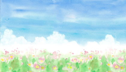 抽象的な花畑の風景、水彩イラスト背景