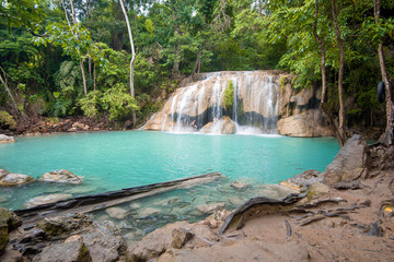 Fototapeta na wymiar Beautiful waterfall in Erawan waterfall National Park in Kanchanaburi, Thailand