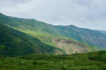 View of a green valley in the mountains on a sunny day with clouds in the sky.