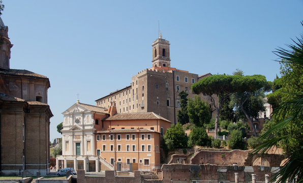 Chiesa dei Santi Luca e Martina, Church of Saint Joseph of the Carpenters, Tabularium and Senatorial Palace, view from from Via dei Fori Imperiali street, Italy