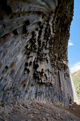 Mountain basalt formations in the form of hexagonal columns, a unique geological formation.
