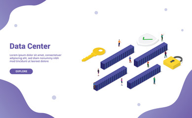 big data center with many server room block with modern isometric flat style and team people for website template or landing homepage - vector