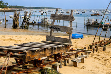 Fototapeta na wymiar chariot pour la récolte d'huîtres , bord de plage 