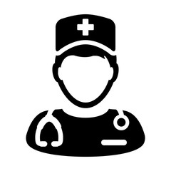 Health care consultation icon vector male person profile avatar with a stethoscope for treatment in Glyph Pictogram illustration