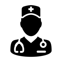 Nurse icon vector male person profile avatar with a stethoscope for medical consultation in Glyph Pictogram illustration