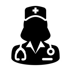 Nurse icon vector female person profile avatar with a stethoscope for medical consultation in Glyph Pictogram illustration