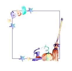 Beautiful watercolor frame on a Halloween theme. Witch attributes.