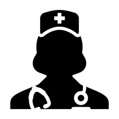 Hospital icon vector female person profile avatar with a stethoscope for medical doctor consultation in Glyph Pictogram illustration