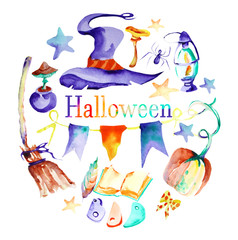 Beautiful watercolor illustration on the theme of Halloween. Witch attributes.