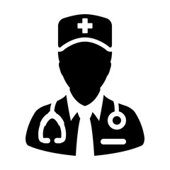 Nursing icon vector male person profile avatar with a stethoscope for medical consultation in Glyph Pictogram illustration