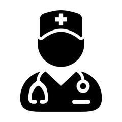 Medical care icon vector male person profile avatar with a stethoscope for treatment in Glyph Pictogram illustration