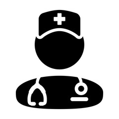 Medical attendant icon vector male person profile avatar with a stethoscope for consultation in Glyph Pictogram illustration