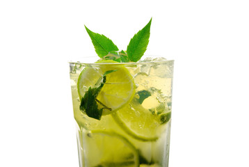 Cooling lemonade with lemon and lime, slices of ginger and mint leaves.