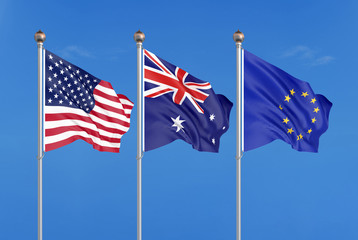 Three colored silky flags in the wind: USA (United States of America), EU (European Union) and Australia. 3D illustration.