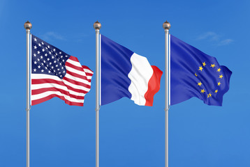 Fototapeta premium Three colored silky flags in the wind: USA (United States of America), EU (European Union) and France. 3D illustration.