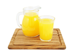 Glass and jar of orange juice on wooden board isolated on white