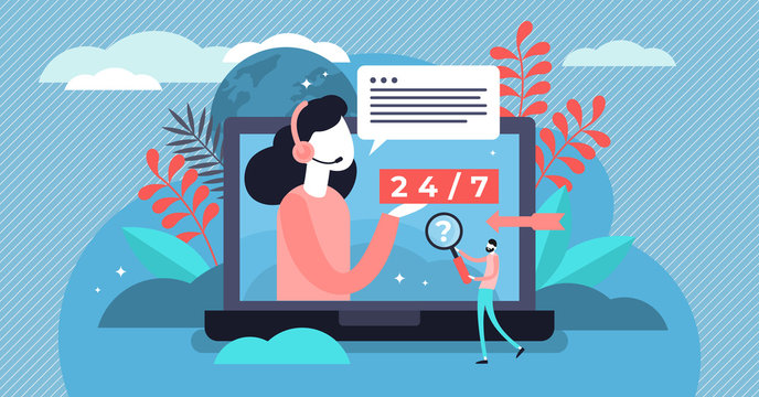 Online support vector illustration. Flat tiny help platform persons concept