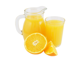 Full glass and jar of orange juice isolated on white