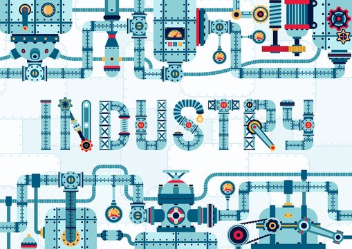 Steampunk industry frame banner of complex pipeline mechanisms and assemblies. Machinery template with the word industry.