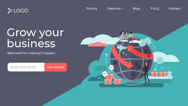 Globalization flat tiny persons vector illustration landing page template design