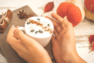 Woman hands hold a cup of spicy pumpkin latte, autumn hot drink white cup, with pumpkins, cinnamon and spices on old rustic wooden background copy space