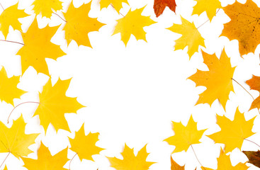 Autumn pattern composition. Pattern made of autumn leaves. Flat lay, top view, copy space