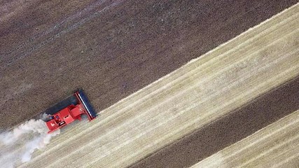 top view aerial of a harvester cropping a field