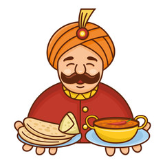 Cute cartoon Indian chef serving curry, roti and samosa, Vector Illustration