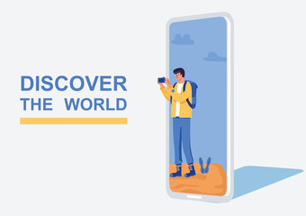 A man hiker coming out of smart phone  taking photo on the mountain peak, Vector Illustration