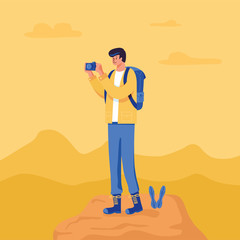 A man hiker taking photo on the mountain peak, Vector Illustration