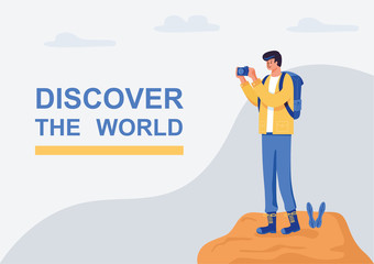 A man hiker taking photo on the mountain peak, Vector Illustration