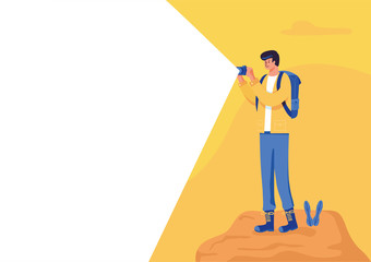 A man hiker taking photo on the mountain peak, Vector Illustration