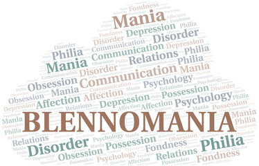 Blennomania word cloud. Type of mania, made with text only.