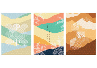 Japanese template with Geometric pattern vector. Curve background with tree elements.
