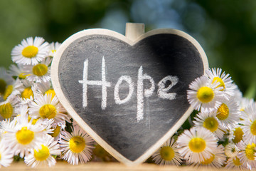 Obraz premium Hope - inscription on the heart, sharing hope concept, green bokeh background