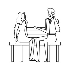 business couple calling with cellphone in the park chair