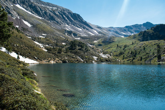 Mountain Lake Estany De Les Truites In Andorra Pyrenees, La Massana, Refugi De Coma Pedrosa