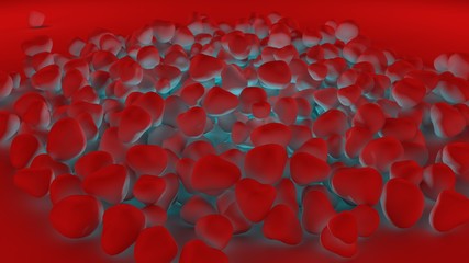 Obraz premium 3D illustration of a variety of objects of round shape, red highlighted below in blue and yellow. 3D rendering of abstract monotonous background, futuristic design. Depression.